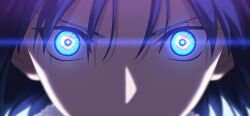 1girl black_hair blue_eyes close-up fate/grand_order fate_(series) game_cg glowing glowing_eyes looking_at_viewer mystic_eyes_of_death_perception official_art ryougi_shiki solo straight-on takeuchi_takashi third-party_source