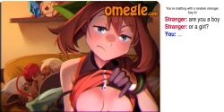 1girl :/ areola_slip bare_shoulders black_gloves blue_eyes blush breasts brown_hair chat_log closed_mouth clothes_lift eevee english_text evolution_stone evolutionary_stone flashing gen_1_pokemon gen_3_pokemon gloves green_ribbon grey_eyes highres khyle. lifting_own_clothes looking_at_viewer may_(pokemon) medium_breasts medium_hair nintendo omegle out-of-frame_censoring pokemon pokemon_(creature) pokemon_emerald pokemon_rse red_shirt ribbon shirt shirt_lift skitty water_stone watermark web_address white_gloves yarn yarn_ball zipper_pull_tab