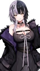 Rule 34 | 1girl, black coat, black dress, black hair, breasts, cleavage, coat, dress, grey hair, highres, hololive, hololive english, kushinaka, large breasts, multicolored hair, shiori novella, shiori novella (1st costume), simple background, solo, split-color hair, virtual youtuber, white background, yellow eyes