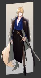 Rule 34 | 1girl, androgynous, animal ear fluff, animal ears, arknights, black coat, black footwear, black skirt, blonde hair, blue shirt, closed mouth, coat, coat on shoulders, collared shirt, commentary request, full body, genderswap, genderswap (mtf), gradient background, grey background, highres, holding, holding sword, holding weapon, horse ears, horse girl, horse tail, korean commentary, long sleeves, looking at viewer, medium hair, mlynar (arknights), nills, plunging neckline, shirt, side slit, skirt, solo, standing, sword, tail, weapon, yellow eyes