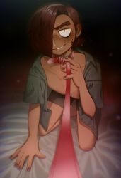 1boy ahoge bed biting_own_lip black_eyeliner black_eyes black_male_underwear blush brown_hair brown_nails collar collarbone collared_shirt commentary dark-skinned_male dark_skin ear_piercing existenc3 eyeliner furrowed_brow green_shirt hair_over_one_eye highres holding holding_leash kneeling leash leash_pull looking_at_viewer makeup male_focus male_underwear matthew_patel nail_polish open_clothes open_shirt piercing pov red_collar red_leash scott_pilgrim_(series) scott_pilgrim_takes_off shirt short_hair short_sleeves sweat teeth underwear yaoi