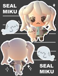 1girl 3d :&lt; alternate_hair_color chibi chibi_only detached_sleeves english_text eyelashes facial_mark hatsune_miku highres lavy_(lavnko) long_hair necktie seal_(animal) seal_girl seal_tail skirt sparkle vocaloid whisker_markings white_hair
