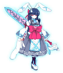 1girl ajitarou_(setsu) animal_ears black_hair boots breasts emil_chronicle_online hair_ornament highres holding holding_sword holding_weapon looking_at_viewer medium_breasts mitama_mikoto rabbit_ears rabbit_hair_ornament red_eyes red_ribbon reverse_grip ribbon sketch skirt standing sword weapon white_background wide_sleeves