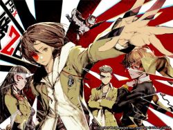 2boys 2girls animal arai_motoha bird black_hair blonde_hair bow bowtie brown_eyes brown_hair brown_jacket closed_mouth commentary_request copyright_name countdown grey_hair hood hood_down hoodie jacket kanou_shun kazama_raita long_hair long_sleeves looking_at_viewer lufel_(p5x) multiple_boys multiple_girls official_art open_clothes open_jacket owl persona persona_5 persona_5:_the_phantom_x red_bow red_bowtie school_uniform short_hair smile tanemura_riko white_hoodie wonder_(p5x)