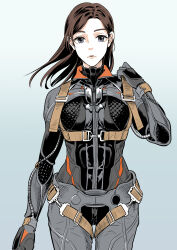 1girl ace_combat ace_combat_7:_skies_unknown breasts brown_hair cosplay gradient_background grey_eyes harness highres ionela_a_shilage long_hair looking_at_viewer medium_breasts mihaly_a_shilage mihaly_a_shilage_(cosplay) parted_lips pilot pilot_suit science_fiction takato15_c
