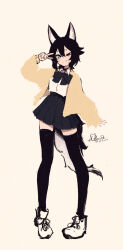 &gt;_o 1girl absurdres animal_ears black_bow black_bowtie black_hair black_skirt black_thighhighs blue_eyes bow bowtie cardigan collared_shirt dated dog_girl full_body highres light_blush looking_to_the_side medium_hair one_eye_closed open_cardigan open_clothes original rnna shirt shoes signature simple_background skirt smile solo tail thighhighs v white_background white_shirt white_shoes yellow_cardigan zettai_ryouiki
