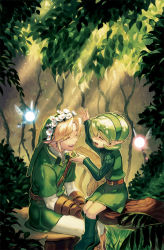 1boy 1girl :d artist_name belt blonde_hair boots closed_eyes earrings forest from_side full_body green_boots green_hair hairband head_wreath in_tree jewelry juby leaf light_rays link long_sleeves nature navi nintendo open_mouth outdoors parted_bangs pointy_ears profile revision saria_(zelda) short_hair sitting sitting_in_tree smile sunbeam sunlight the_legend_of_zelda the_legend_of_zelda:_ocarina_of_time tree tunic