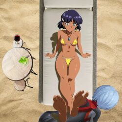 Rule 34 | 2girls, ayanami rei, bare legs, barefoot, beach, bikini, blue eyes, blue hair, chaise longue, cocktail glass, crossed ankles, crossed legs, cup, dark-skinned female, dark skin, drinking glass, earrings, feet, foot focus, footstool, fushigi no umi no nadia, happy, highres, hoop earrings, human footrest, human furniture, humiliation, jewelry, legs, mecha pilot suit, micro bikini, multiple girls, nadia la arwall, necklace, neon genesis evangelion, plugsuit (evangelion), princess, sand, short hair, sitting, slave, smile, soles, sunbathing, swimsuit, tan, thong, thong bikini, toes, wine glass, yellow bikini
