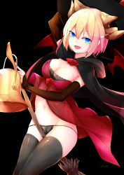 Rule 34 | 1girl, babydoll, bat wings, bell, blonde hair, blue eyes, breasts, broom, broom riding, cameltoe, cape, cleavage, dragon girl, dragon girls, female focus, halloween, hat, highres, khibiki (brequiem), large breasts, myr (p&amp;d), panties, puzzle &amp; dragons, short hair, solo, thighhighs, underwear, wings