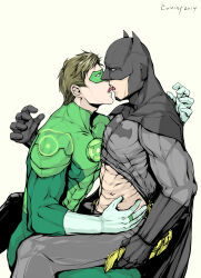 2boys abs artist_name bara batman_(series) belt black_cape black_gloves bodysuit brown_hair bruce_wayne cape clothes_lift dc_comics domino_mask evinist french_kiss gloves green_bodysuit green_lantern green_lantern_(series) grey_bodysuit hal_jordan highres jewelry kiss large_pectorals male_focus mask multiple_boys muscular muscular_male open_belt pectorals ring short_hair sitting sitting_on_person tongue tongue_out white_gloves yaoi