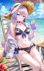 Rule 34 | 1girl, bare legs, beach, bikini, black bikini, black choker, black ribbon, breasts, choker, cleavage, clothes down, collarbone, cup, day, drinking straw, flower, frilled bikini, frills, front-tie bikini top, front-tie top, hair flower, hair intakes, hair ornament, hair ribbon, hat, herta (honkai: star rail), hibiscus, highres, holding, holding cup, honkai: star rail, honkai (series), jacket, long hair, looking at viewer, medium breasts, miyashirokiyu, multi-strapped bikini bottom, ocean, outdoors, pink hair, purple eyes, purple flower, red flower, ribbon, side-tie bikini bottom, sideboob, sitting, solo, straw hat, summer, sun hat, swimsuit, the herta (honkai: star rail), very long hair, white jacket, yellow hat