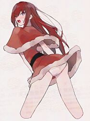 1girl alternate_costume blush bright_pupils capelet commentary_request cropped_legs dress from_behind fur-trimmed_capelet fur-trimmed_dress fur_trim hair_between_eyes highres long_hair looking_at_viewer looking_back makise_kurisu no_pants open_mouth panties purple_eyes red_capelet red_dress red_hair santa_costume santa_dress sidelocks small_sweatdrop solo steins;gate suehiroch0 teeth tongue turning_head underwear upper_teeth_only watermark white_panties white_pupils