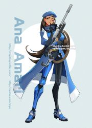 1girl aged_down ana_(overwatch) beret brown_eyes brown_hair captain_amari character_name coat dark-skinned_female dark_skin facial_tattoo female_focus full_body gun hat highres long_hair looking_at_viewer official_alternate_costume overwatch overwatch_1 rifle smile sniper_rifle solo tattoo very_long_hair weapon ziyo_ling