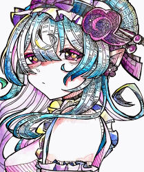 Rule 34 | 1girl, absurdres, apron, aqua hair, bell, detached sleeves, double-parted bangs, earrings, floating hair, frilled apron, frilled headwear, frilled sleeves, frills, genshin impact, hair between eyes, hair ornament, hairpin, highres, japanese clothes, jewelry, looking at viewer, multiple hairpins, neck bell, pointy ears, purple eyes, setsu o o, simple background, sleeveless, solo, traditional media, upper body, white background, yumemizuki mizuki