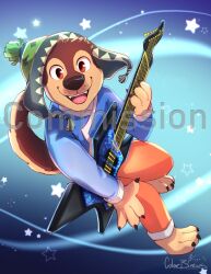 1boy artist_name barefoot blue_shirt bodi_(rock_dog) brown_fur claws colorbrews commentary commission dog_boy dog_nose dog_tail electric_guitar english_commentary furry furry_male green_hat guitar hat holding holding_guitar holding_instrument instrument looking_at_viewer male_focus open_mouth orange_pants pants rock_dog shirt signature smile tail watermark