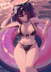 1girl absurdres alternate_costume bikini black_bikini black_halo blue_archive blue_eyes blue_hair blush breasts cleavage commentary front-tie_bikini_top front-tie_top hair_ornament halo highres large_breasts long_hair looking_at_viewer mcbox mechanical_halo navel ocean on_innertube open_mouth pink_innertube side-tie_bikini_bottom solo stomach sunglasses swimsuit symbol-only_commentary thighs triangle_hair_ornament two_side_up wet wet_hair yuuka_(blue_archive)