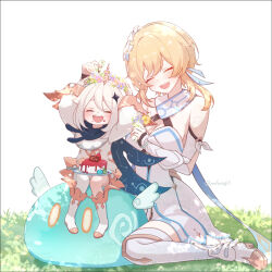Rule 34 | 2girls, anemo slime (genshin impact), arms up, bare shoulders, blonde hair, boots, breasts, cake, cleavage, closed eyes, commentary request, dappled sunlight, dress, facing viewer, flower, flower wreath, food, food on face, full body, genshin impact, hair flower, hair ornament, happy, high heel boots, high heels, highres, holding, holding flower, large breasts, long hair, lumine (genshin impact), mofusagi, multiple girls, on grass, open mouth, paimon (genshin impact), plate, scarf, short hair with long locks, sitting, slime (genshin impact), sunlight, teeth, thigh boots, twitter username, upper teeth only, wariza, white background, white boots, white dress, white hair, white romper, white scarf
