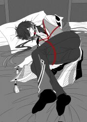 Rule 34 | 1boy, ball in mouth, genshin impact, greyscale, minilight rr, monochrome, red rope, rope, shibari, shibari over clothes, solo, solo focus, twitter, white background, zhongli (genshin impact)