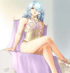 1boy armor bare_legs bare_shoulders blue_eyes boots cape crossdressing crossed_legs drill_hair drill_sidelocks flower full_body gold_armor gold_cloth gold_leotard gold_saint hair_over_one_eye high_heels leotard looking_at_viewer male_focus medium_hair mizuhara_aki parted_lips pauldrons petals pink_cape pink_lips pink_trim pisces_aphrodite ringlets rose rose_bush rose_petals saint_seiya saint_seiya:_legend_of_sanctuary shoulder_armor sidelocks sitting solo trap
