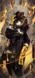 1boy absurdres animal_ears arknights blonde_hair brown_hair cowboy_shot from_behind furry furry_male glasses gloves hand_on_headwear hand_up hat highres holding lee_(arknights) looking_back male_focus multicolored_hair ribiadan sigil smoke smoking snake_boy solo streaked_hair yellow_gloves