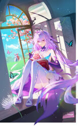 1girl absurdres blue_sky book boots bug butterfly castorice_(honkai:_star_rail) cherry_blossoms dandelion day dress flower gloves hair_flower hair_ornament highres holding holding_book honkai:_star_rail honkai_(series) insect long_hair looking_at_viewer pointy_ears purple_eyes purple_gloves purple_hair shotgunman sitting sky smile solo thigh_boots twintails very_long_hair white_boots white_dress window