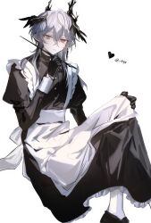 Rule 34 | 1boy, absurdres, alternate costume, apron, arknights, black dress, black footwear, black gloves, commentary request, crossdressing, crossdressing (mtf), dress, enmaided, eve (meltdown), feet out of frame, frilled apron, frilled dress, frills, frown, gloves, grey hair, head wings, heart, highres, holding hands, horns, juliet sleeves, logos (arknights), long sleeves, looking at viewer, maid, male focus, pointy ears, puffy sleeves, red eyes, short hair, socks, solo, twitter username, white apron, white socks, wings