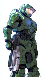 1boy absurdres animification armor assault_rifle black_gloves blurry bullpup from_below from_side full_armor gloves gun halo_(series) halo_infinite helmet highres holding holding_gun holding_weapon ma5 master_chief nasutetsu open_hand power_armor revision rifle science_fiction simple_background solo spartan_(halo) visor weapon white_background