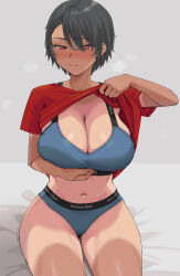1girl absurdres black_hair blush bra breasts clothes_lift highres large_breasts mole mole_on_breast nuko_(mikupantu) original panties red_eyes red_shirt shirt shirt_lift short_hair short_sleeves sitting solo sweat t-shirt tan tanline tomboy underwear