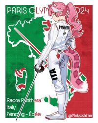 Rule 34 | 1girl, 2024 summer olympics, absurdres, alternate costume, animal ear fluff, animal ears, character name, epee, fencing, fencing suit, gloves, highres, holding, holding sword, holding weapon, hololive, hololive english, italian flag, jacket, left-handed, legs together, long hair, long sleeves, looking at viewer, meiyoshima, multicolored hair, olympics, panther ears, panther girl, panther tail, pants, pink hair, pink tail, ponytail, profile, raora panthera, shoes, sideways glance, sneakers, socks, solo, standing, sword, tail, twitter username, two-tone hair, virtual youtuber, weapon, white gloves, white hair, white jacket, white pants, white shoes, white socks, yellow eyes