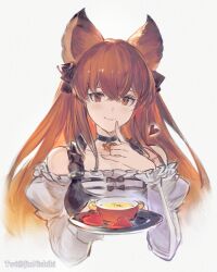 1girl animal_ears anthuria bare_shoulders bowl breasts choker closed_mouth cropped_torso food granblue_fantasy grey_background heart highres holding holding_tray index_finger_raised long_sleeves looking_at_viewer medium_breasts nishiki_(jinnishiki) off-shoulder_shirt off_shoulder red_eyes red_hair shirt simple_background smile solo soup tray twitter_username