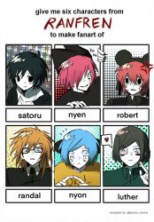 6+boys animal_hat black_eyes buzhidaoshenmexiangchangmao cat_hat english_text facial_mark glasses hat highres looking_at_viewer luther_von_ivory male_focus mouse_hat multiple_boys multiple_drawing_challenge nyen_(randal&#039;s_friends) nyon_(randal&#039;s_friends) outside_border portrait present_day_problem_takeuchi_robert randal&#039;s_friends randal_ivory short_hair six_fanarts_challenge tsukada_satoru whisker_markings