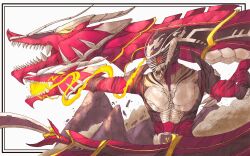 1boy absurdres advent_deck armor belt bodysuit dragon dragreder eastern_dragon finishing_move fireball giganticbrush heisei highres holding kamen_rider kamen_rider_ryuki kamen_rider_ryuki_(series) male_focus mask red_bodysuit red_eyes rider_belt standing tokusatsu v_buckle weapon