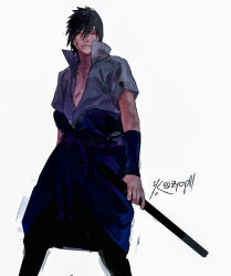 1boy black_hair chokutou closed_mouth grey_shirt highres holding holding_sword holding_weapon looking_at_viewer male_focus naruto_(series) naruto_shippuuden ninja one_eye_closed sharingan shirt short_hair short_sleeves simple_background solo spiked_hair sword uchiha_sasuke weapon white_background zifletts