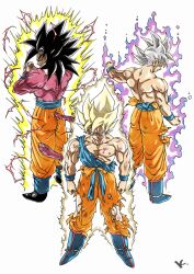 Rule 34 | 3boys, alternate color, aura, battle damage, black hair, blonde hair, blue shirt, body fur, dragon ball, dragon ball gt, dragon ball super, dragonball z, electricity, eyeliner, from behind, full body, goku day, highres, injury, kakeru (dbskakeru), long hair, makeup, male focus, medium hair, monkey tail, multiple boys, multiple persona, muscular, muscular male, orange pants, pants, red eyeliner, red eyes, red fur, red tail, shirt, simple background, son goku, spiked hair, super saiyan, super saiyan 1, super saiyan 4, tail, topless male, torn clothes, torn pants, torn shirt, ultra instinct, white background, white hair