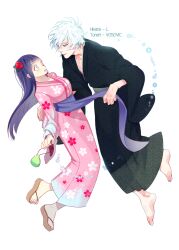 Rule 34 | 1boy, 1girl, blue hair, breasts, character name, floral print, flower, full body, hair flower, hair ornament, highres, holding, hyuuga hinata, japanese clothes, kimono, long hair, looking at another, naruto: the last, naruto (series), ootsutsuki toneri, sweatdrop, vosovic