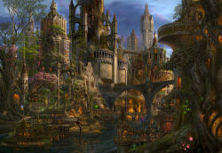 bridge castle cityscape cloud dragon fantasy flower glowing highres kazumasa_uchio lights moss no_humans original overgrown scenery sky statue tower tree uchio_kazumasa water