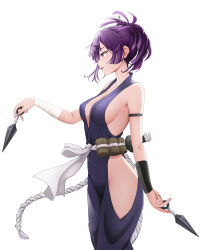 Rule 34 | 1girl, absurdres, breasts, commentary request, gibun (sozoshu), highres, holding, holding kunai, holding weapon, jigokuraku, kunai, medium breasts, ninja, purple eyes, purple hair, short hair, sideboob, simple background, solo, standing, weapon, white background, yuzuriha (jigokuraku)
