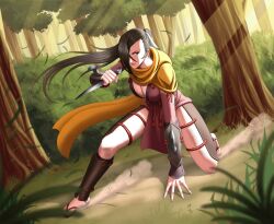 1girl bare_legs breasts brown_hair dagger eslimnator fire_emblem fire_emblem_fates hand_on_ground highres holding holding_dagger holding_knife holding_weapon kagero_(fire_emblem) knife large_breasts looking_to_the_side ninja nintendo on_one_knee outdoors ponytail scarf solo tree weapon yellow_scarf