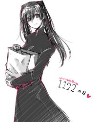 1girl bag black_dress black_eyes black_hair blush d.gray-man dress earrings greyscale groceries grocery_bag highres holding holding_bag jewelry kozuuu lenalee_lee light_smile long_hair looking_to_the_side monochrome shopping_bag solo twintails white_background