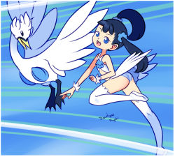 1girl animal ass bird black_eyes black_hair blue_eyes blue_panties boots creature_and_personification drantyno feathers flat_chest flying gen_5_pokemon loli long_hair looking_at_viewer looking_back midriff nintendo open_mouth panties personification pokemon pokemon_(creature) pokemon_bw scrunchie shirt skirt sky smile swan swanna teeth thigh_boots thighhighs twintails underwear white_boots white_feathers white_shirt white_skirt wind wind_lift wings wristband