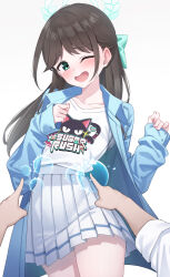 1girl absurdres airi_(band)_(blue_archive) airi_(blue_archive) black_hair blue_archive blue_eyes blush bow breasts collarbone commentary_request hair_bow hair_ornament hair_ribbon halo highres jacket long_hair looking_at_viewer official_alternate_costume official_alternate_hairstyle open_mouth parted_bangs pizza_(pizzania_company) pleated_skirt poking pov pov_hands ribbon short_sleeves sidelocks simple_background skirt small_breasts solo_focus thighs tickling white_background wince
