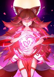 1girl adapted_uniform aimiko_(e1alpha) animal_ear_fluff animal_ears bare_shoulders breasts brooch brown_hair brown_tail casting_spell chihaya_(clothing) cleavage closed_mouth cowboy_shot detached_sleeves e1alpha earrings falling_petals fox_ears fox_tail full_moon glowing glowing_eyes highres japanese_clothes jewelry kitsune kosode large_breasts long_hair looking_at_viewer magic moon navel night night_sky nontraditional_miko original petals piercing pink_eyes pink_petals red_ribbon red_sleeves ribbon ribbon-trimmed_skirt ribbon-trimmed_sleeves ribbon_trim shaded_face signature skirt sky solo standing tail tassel thighhighs white_skirt white_sleeves wide_sleeves