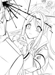 1boy 1girl antenna_hair armband bad_end bags_under_eyes blood blood_spray blue_archive car death food fubuki_(blue_archive) giving_food greyscale gun headshot highres holding holding_food jacket long_hair looking_at_another monochrome motor_vehicle oekaki_nyagama on_car paper_on_head sensei_(blue_archive) sidelocks sitting sketch solo_focus surprised sweat twintails weapon wide-eyed