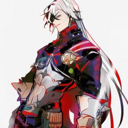 1boy black_hair boothill_(honkai:_star_rail) commentary_request cowboy cropped_jacket cyborg grey_background highres honkai:_star_rail honkai_(series) long_hair looking_at_viewer male_focus multicolored_hair sharp_teeth simple_background solo streaked_hair teeth u_5ham0 upper_body western white_hair