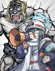 1boy 1girl absurdres anger_vein armband black_hair blonde_hair blue_archive blue_eyes blue_halo cleft_chin clenched_hand coat colored_skin crossover emphasis_lines fate/grand_order fate_(series) fur-trimmed_coat fur_trim grey_skin hair_between_eyes halo hard_hat helmet highres holding holding_megaphone loud megaphone minori_(blue_archive) muscular muscular_male nubebenbe open_clothes open_coat open_mouth red_winter_federal_academy_logo scarf shouting spartacus_(fate) teeth topless_male trait_connection veins white_helmet white_scarf