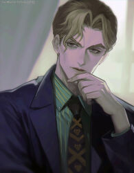 1boy black_necktie blonde_hair blurry blurry_background closed_mouth collared_shirt commentary diamond_wa_kudakenai english_commentary fingernails green_shirt highres indoors jacket jojo_no_kimyou_na_bouken kira_yoshikage lips looking_to_the_side male_focus necktie portrait purple_jacket shirt short_hair skull_print solo striped_clothes striped_shirt tomatoketchup96 twitter_username vertical-striped_clothes vertical-striped_shirt window
