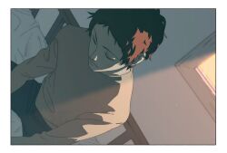 Rule 34 | 1boy, adachi tooru, bed frame, black pants, border, brown hair, closed eyes, closed mouth, crew neck, long sleeves, male focus, pants, persona, persona 4, shirt, short hair, sitting, solo, white border, white shirt, window, xxts002xv