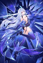 1girl absurdres backless_outfit closed_mouth full_body genshin_impact grey_hair highres holding holding_sword holding_weapon lalazyt looking_at_viewer red_eyes skirk_(genshin_impact) solo sword weapon