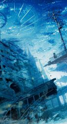 Rule 34 | 1girl, backpack, bag, black hair, black skirt, blue sky, bridge, building, cable, cat, chooco (chocoshi), cloud, fog, from behind, highres, original, power lines, scenery, skirt, sky, solo, wide shot