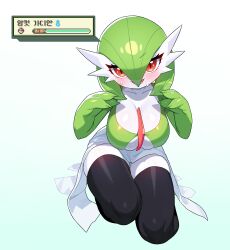 1girl absurdres black_thighhighs blue_background blush bob_cut breasts character_name collarbone colored_skin drunkoak fang full_body gardevoir gen_3_pokemon gradient_background green_hair green_skin hair_between_eyes hands_up happy health_bar highres kneeling korean_text large_breasts leaning_forward looking_at_viewer mars_symbol multicolored_skin nintendo open_mouth pokemon pokemon_(creature) red_eyes shiny_skin short_hair simple_background skindentation smile solo sweat thighhighs thighs translation_request two-tone_skin white_skin